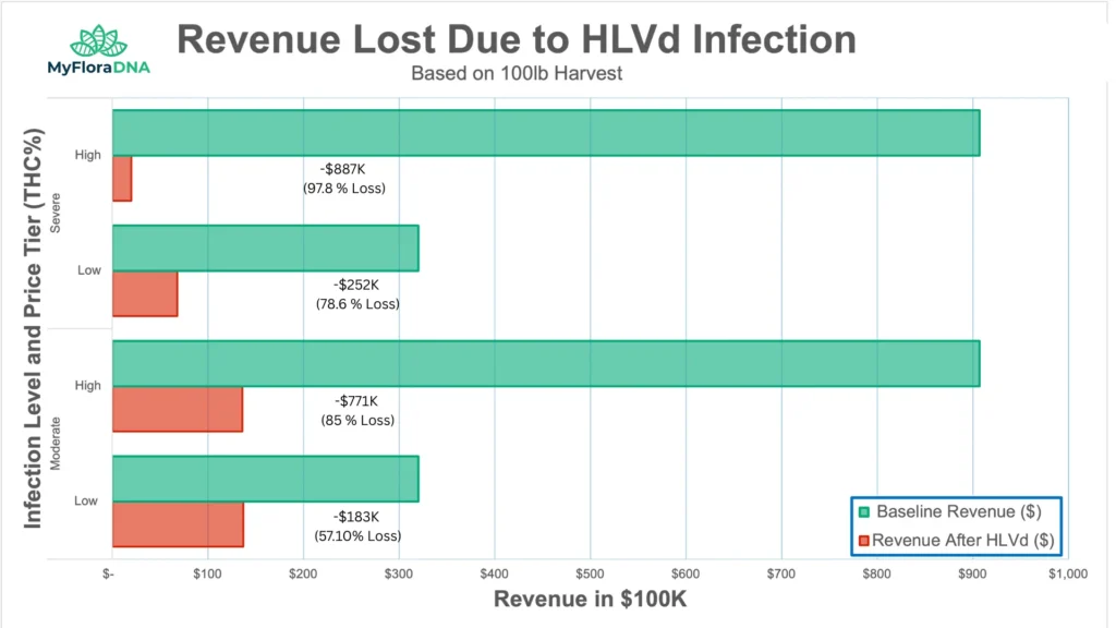 STACKED BAR CHART COMPARING CANNABIS REVENUE REMAINING VERSUS REVENUE DESTROYED BY HLVD INFECTION. INFECTED SCENARIOS SHOW MINIMAL REVENUE REMAINING ACROSS ALL PRICE TIERS. SOURCE: SCHWABE PHD 2026.